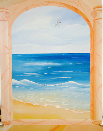 © Regina F. Rau: Wandgemälde 1: Marmorwand - mit Säulenumrahmtem Ausblick auf den Strand und das Meer - Detail: Meerblick - Strandidylle mit Möwen