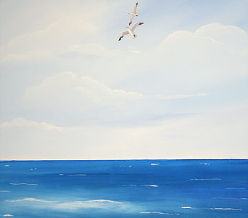 © Regina F. Rau: Wandgemälde 1: Marmorwand - mit Säulenumrahmtem Ausblick auf den Strand und das Meer - Detail: Meerblick - Möwen über dem Meer
