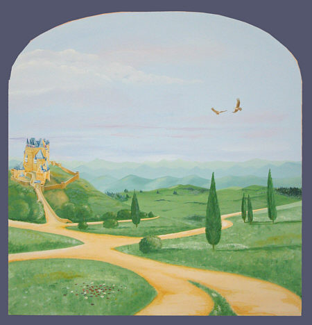 © Regina F. Rau: Wandgemälde 1: Marmorwand - mit Säulenumrahmtem Ausblick auf Toskana -  Detail: Blick auf Toskana mit Burg und kreisenden Adlern