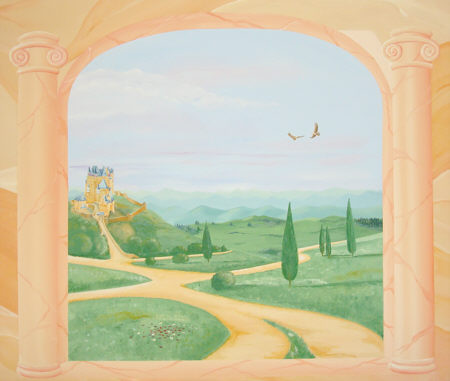 © Regina F. Rau: Wandgemälde 1: Marmorwand - mit Säulenumrahmtem Ausblick auf Toskana -  Detail: Blick auf Toskana mit Burg und kreisenden Adlern