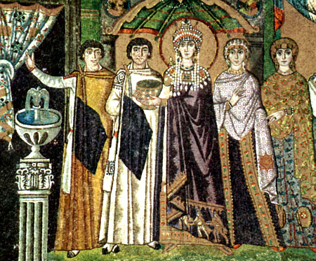 Kaiser Justinian und Theodora werden von der orthodoxen Kirche als Heilige verehrt, obwohl man ihr ein sittenloses Leben vorwirft.