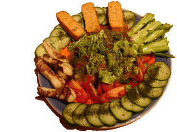 © Regina F. Rau: Rohost-Übergangskost: Salatplatte mit gedünstetem Brokkoli und gebratenem Tofu