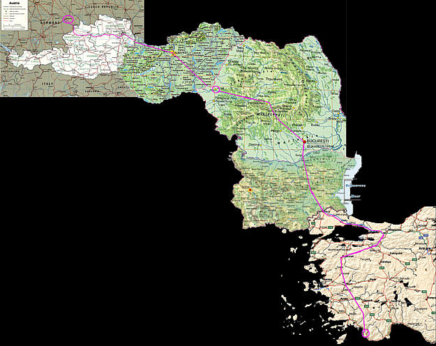 Unsere Route von Deutschland Deggendorf - Passau --> österreich Wien --> Ungarn Budapest --> Rumänien Arad - Sibiou - Bucarest --> Bulgarien --> Türkei Edirne - Istanbul - Bursa - Mugla - Fethiye - Kayaköyü